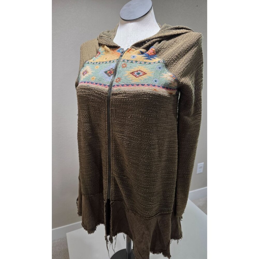 Anamá Womens Hooded Zip-Up Jacket With Aztec Pattern & Frayed Hem